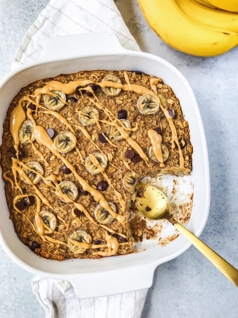 Banana baked oatmeal with chocolate chips and peanut butter