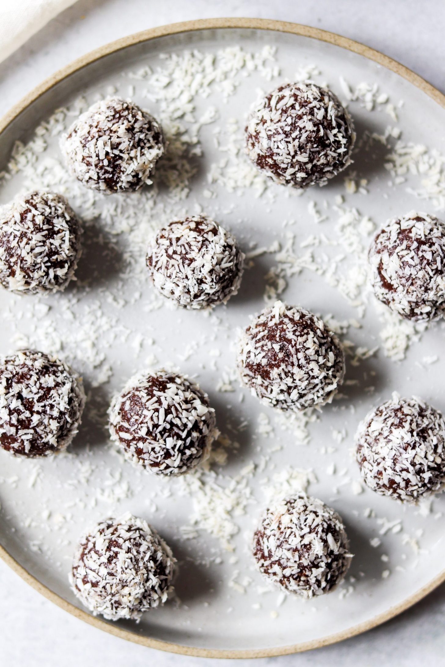 close up of chocolate coconut energy balls
