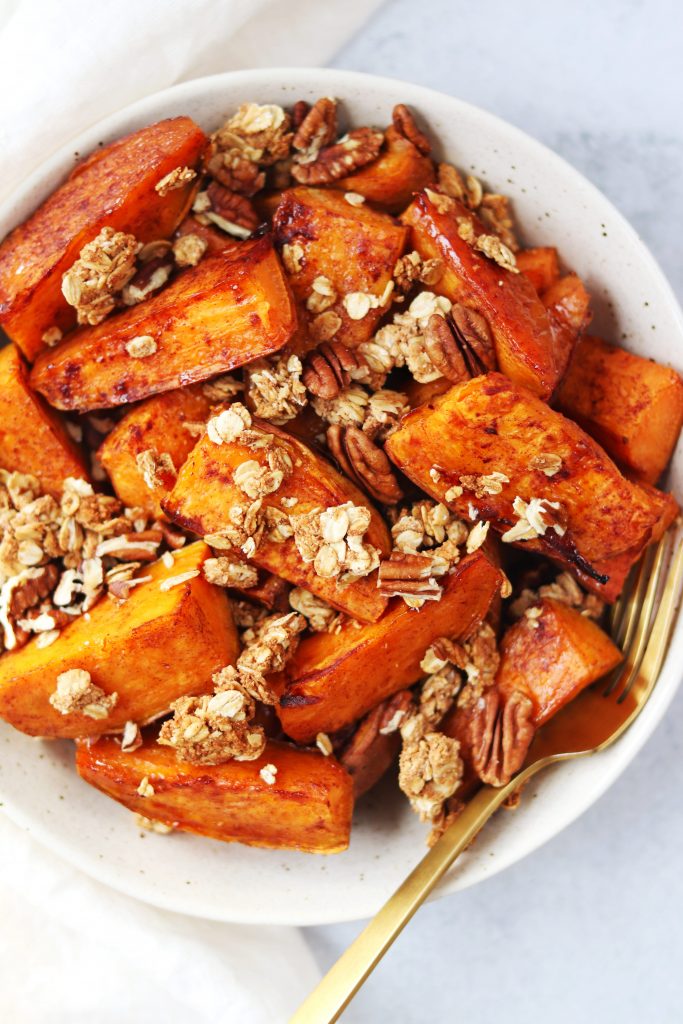 Maple Cinnamon Sweet Potato Wedges with Pecan Crumble - Daisybeet