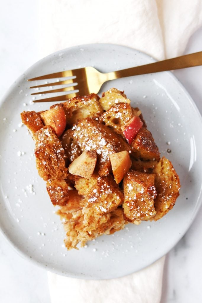 Slice of Apple Cinnamon Sourdough French Toast Bake - Daisybeet
