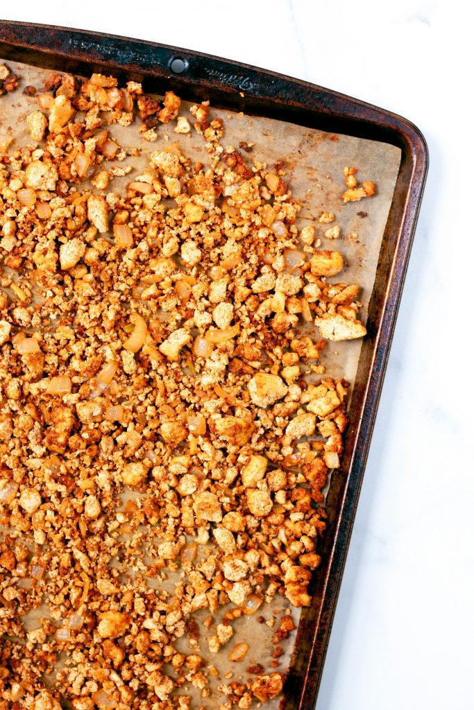 Chili spiced tofu on baking pan - Daisybeet