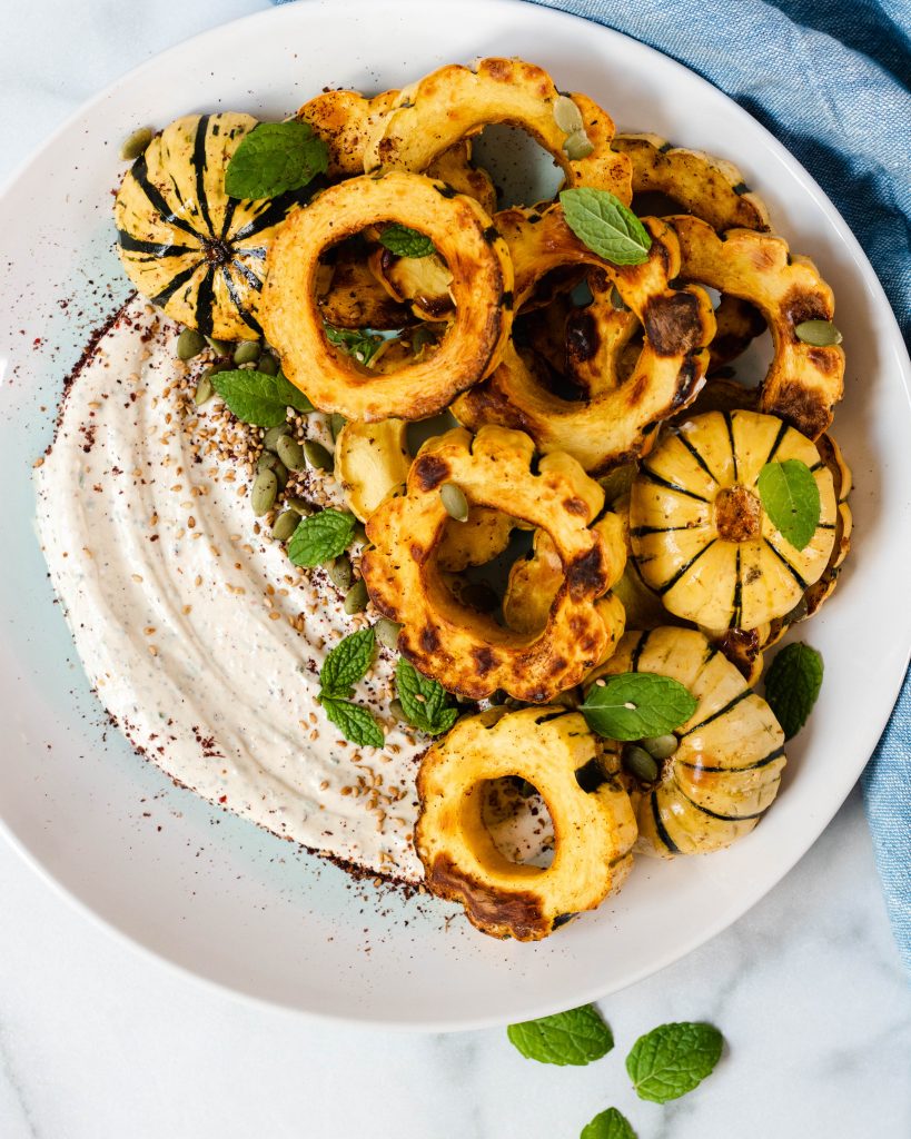 Roasted Delicata Squash with Middle Eastern Yogurt Sauce - Daisybeet