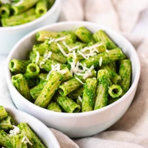 three bowls of quick and healthy green sauce pasta