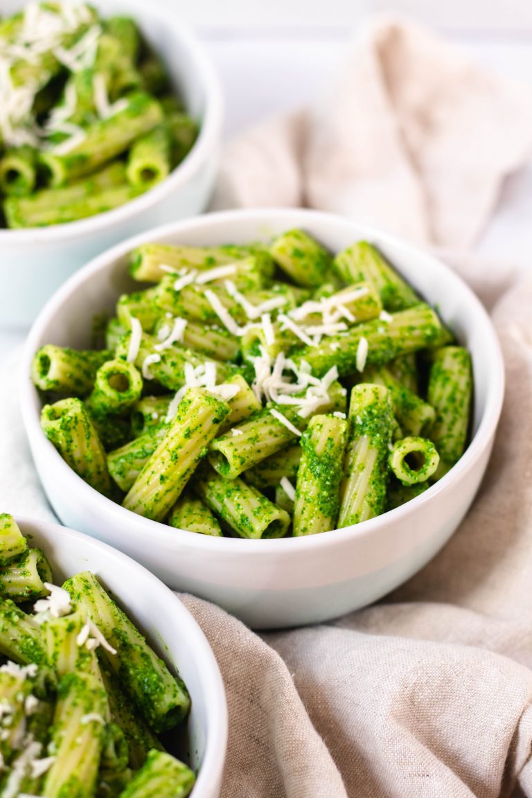 three bowls of quick and healthy green sauce pasta