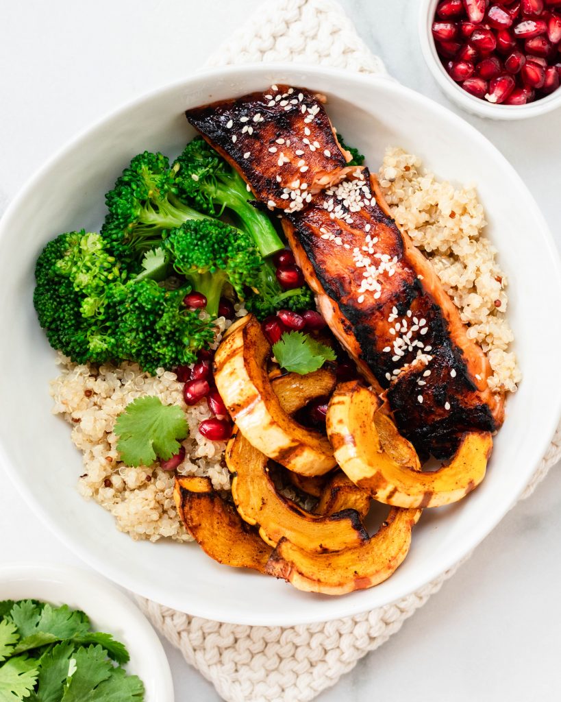 Soy Maple Salmon Bowls with Broccoli, Delicata Squash, and Quinoa - Daisybeet
