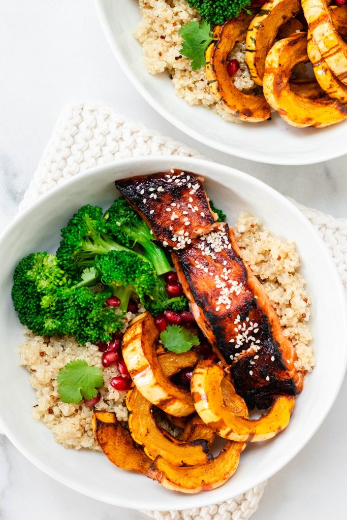 Soy Maple Salmon Bowls with Broccoli, Delicata Squash, and Quinoa - Daisybeet