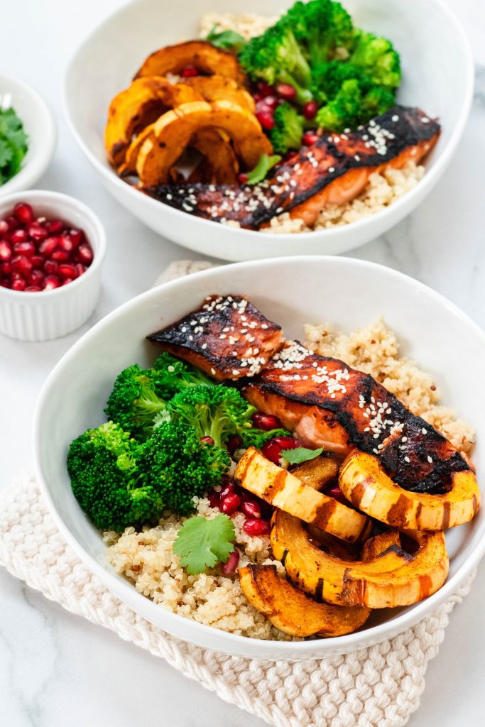 Soy Maple Salmon Bowls with Broccoli, Delicata Squash, and Quinoa - Daisybeet