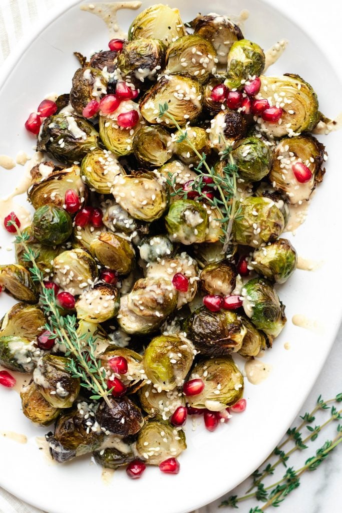 Oven Roasted Brussels Sprouts with Maple Tahini Sauce (Vegan, Gluten Free) - Daisybeet