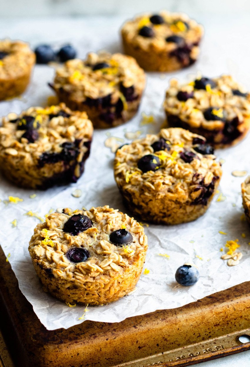 Close up of lemon blueberry baked oatmeal cups