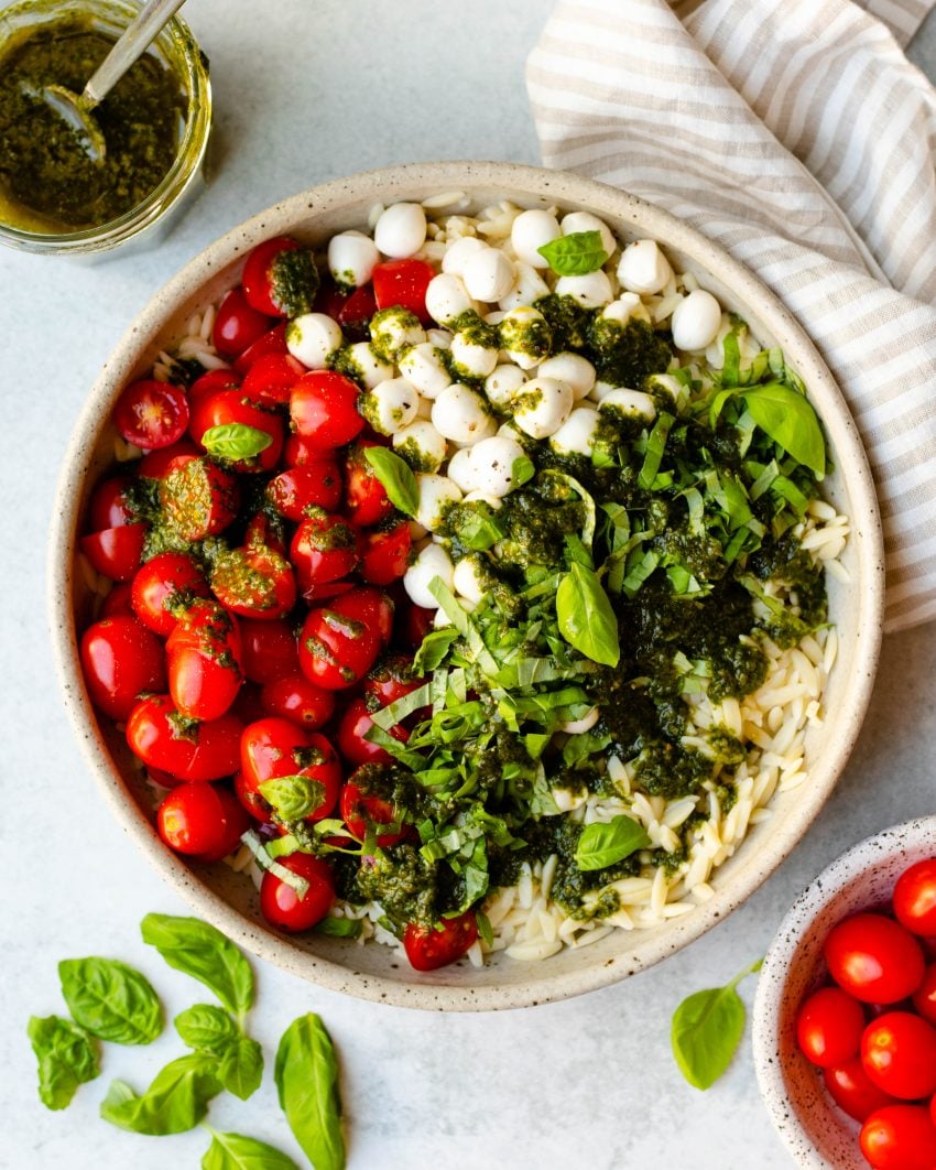 Bowl of caprese orzo salad with cherry tomatoes, basil leaves, and basil vinaigrette surrounding the bowl
