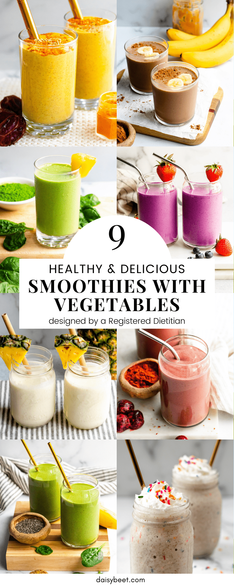 Graphic with photos of different smoothies with vegetables