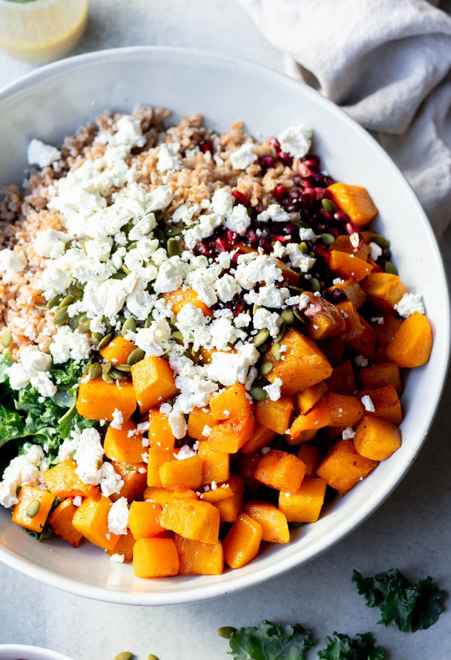Close up of bowl of fall farro salad