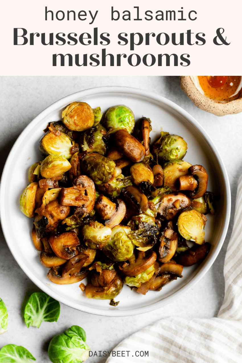 Bowl of sauteed Brussels sprouts and mushrooms surrounded by ingredients, with text overlay