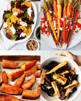 4 different root vegetable recipes in a grid