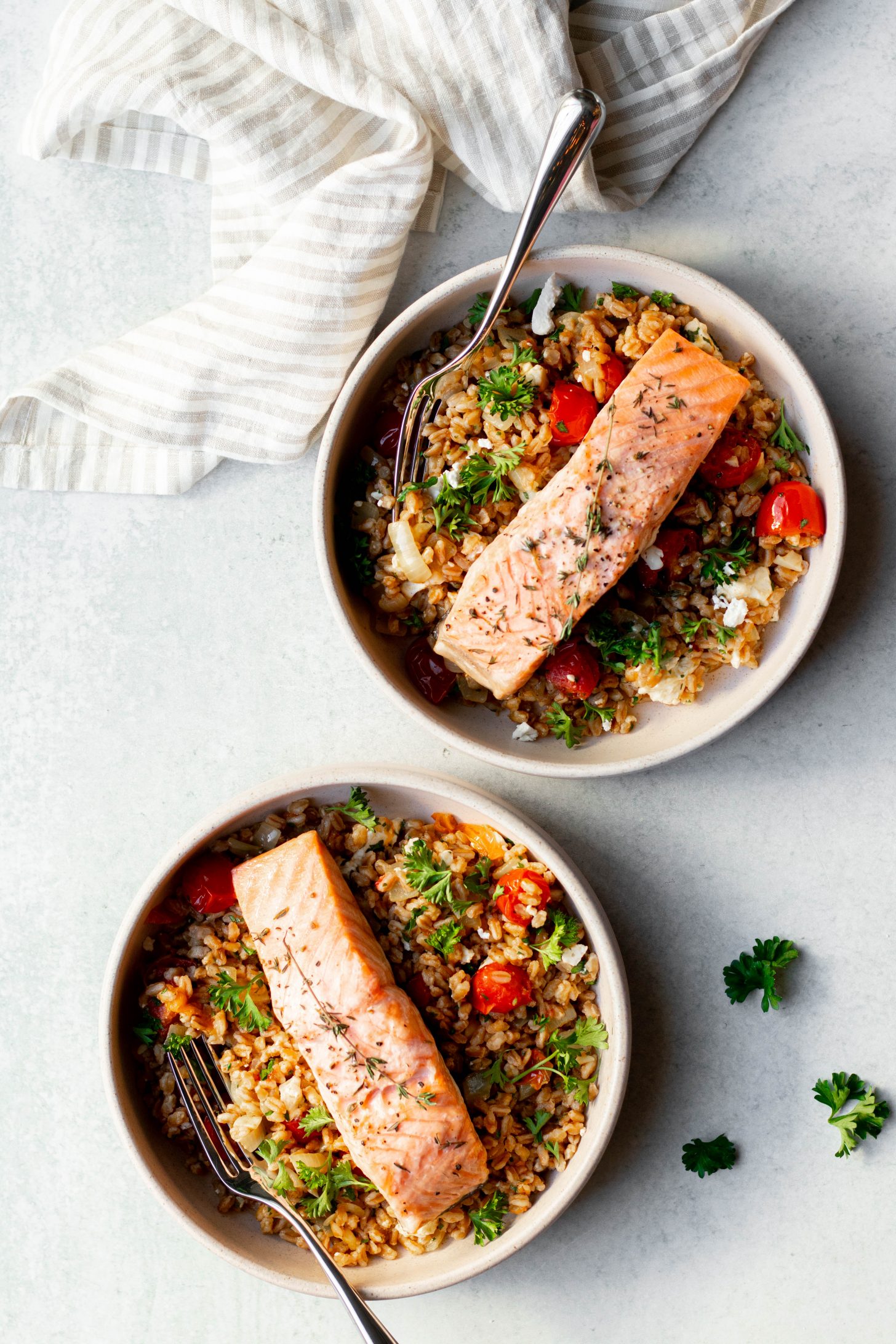 Salmon and Farro Bowls with Tomato and Feta Cheese • Daisybeet
