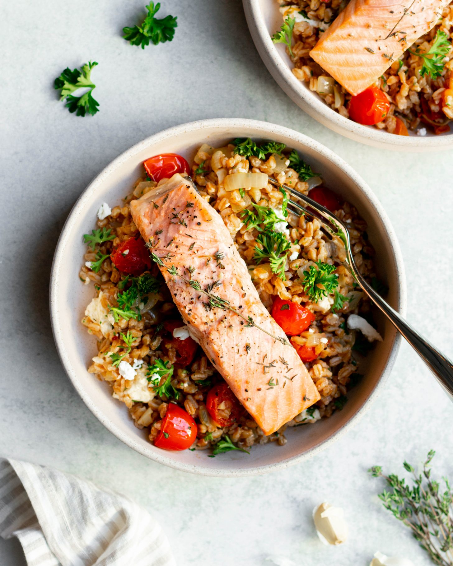 Salmon and Farro Bowls with Tomato and Feta Cheese • Daisybeet