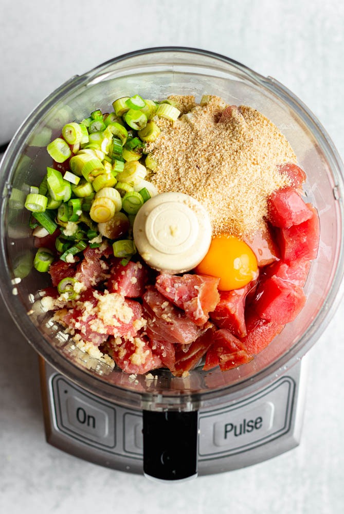 fresh ahi tuna burger ingredients in a food processor