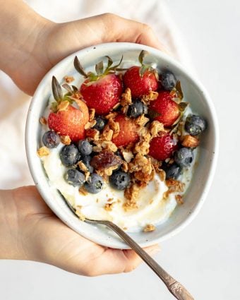 Two hands holding up a bowl of Greek yogurt with berries, granola, and honey