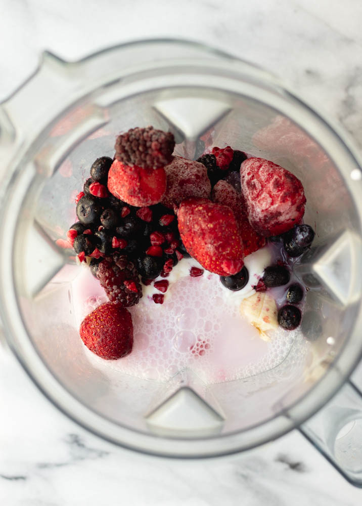Blender filled with dog popsicle ingredients before being blended