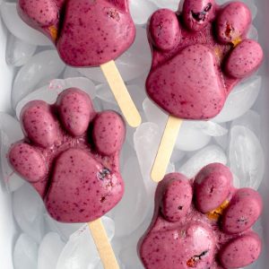 4 purple popsicles shaped like paws in a white baking dish filled with ice cubes
