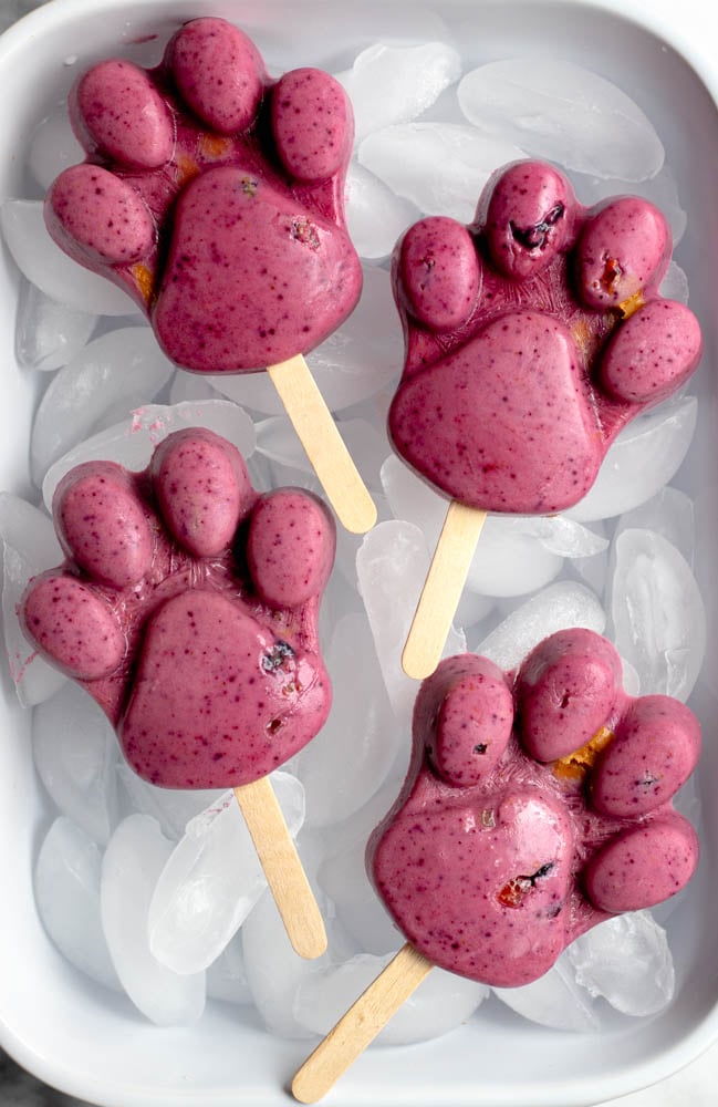 4 purple popsicles shaped like paws in a white baking dish filled with ice cubes