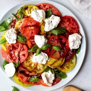 heirloom tomato and burrata salad with balsamic glaze on a light grey backdrop