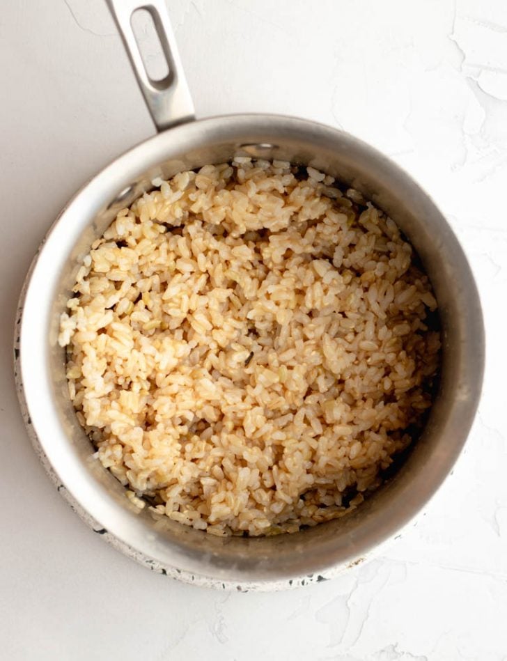 cooked brown rice in a pot
