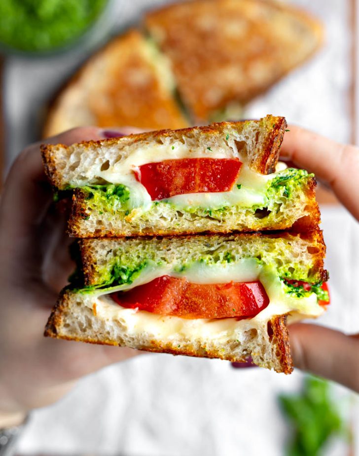 hands holding tomato pesto grilled cheese sandwich 