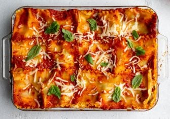 baked lasagna in a glass dish