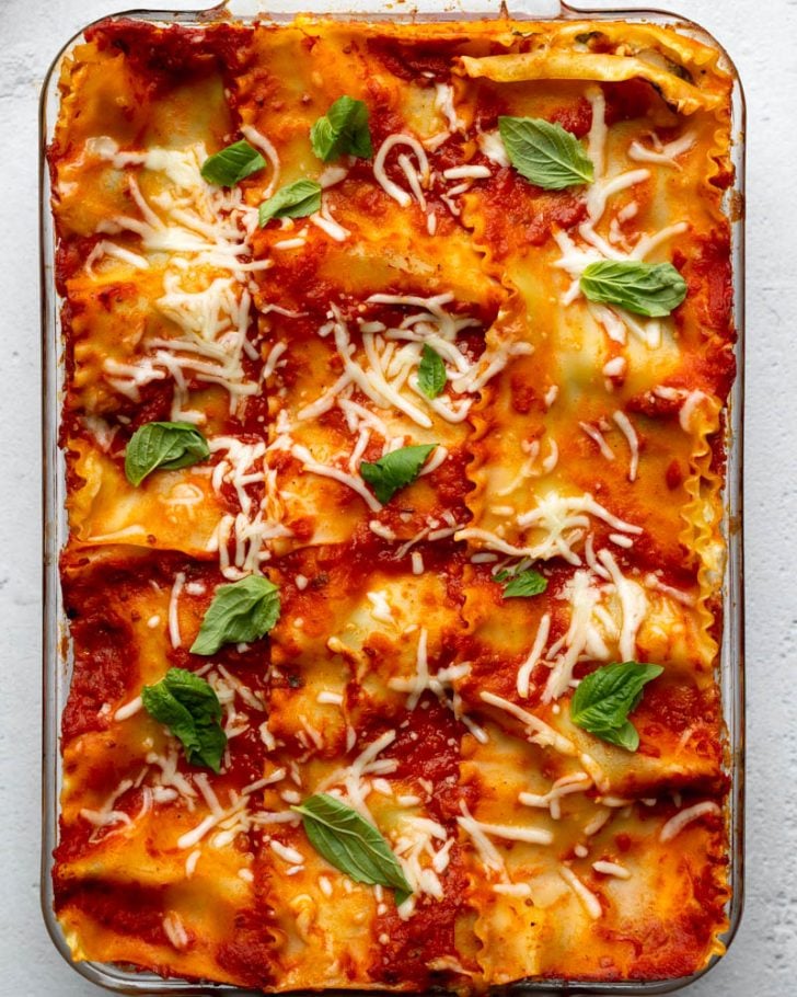 baked lasagna in a glass dish