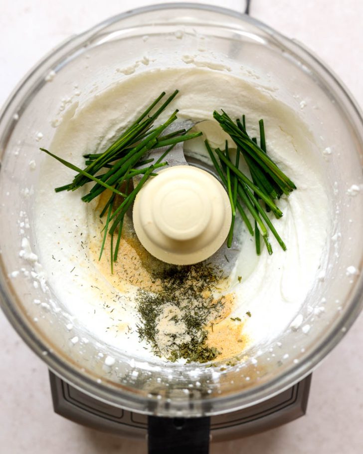 whipped cottage cheese with seasonings in a food processor