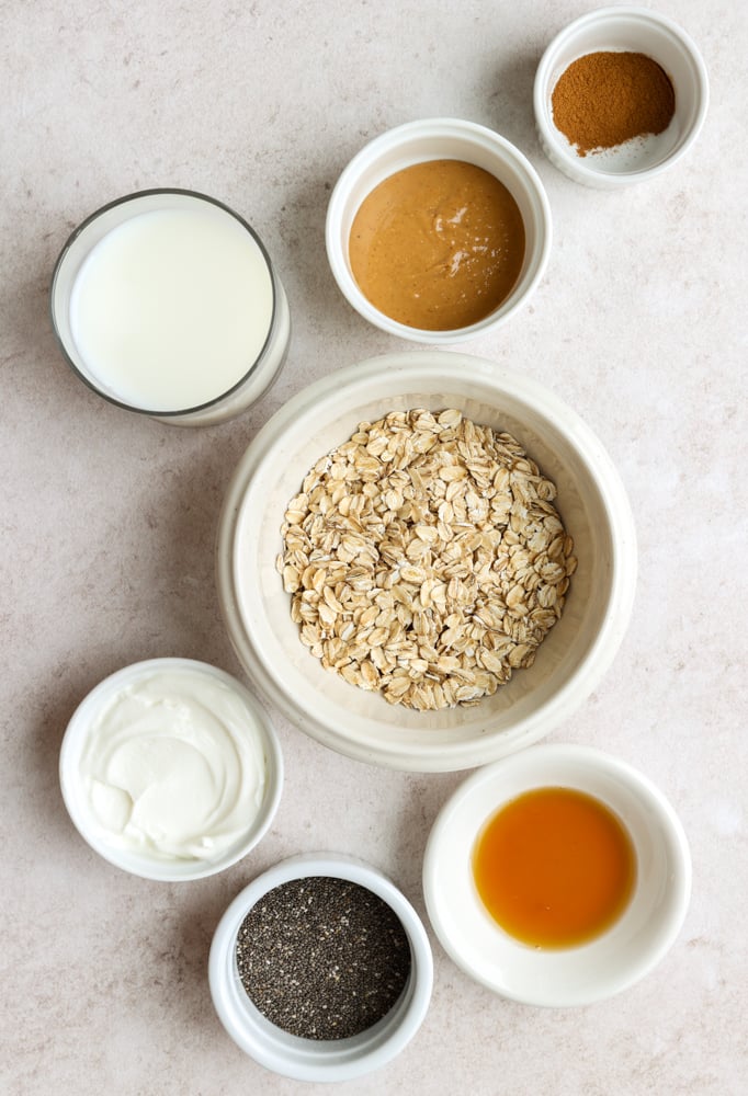 overnight oats ingredients measured out in small bowls