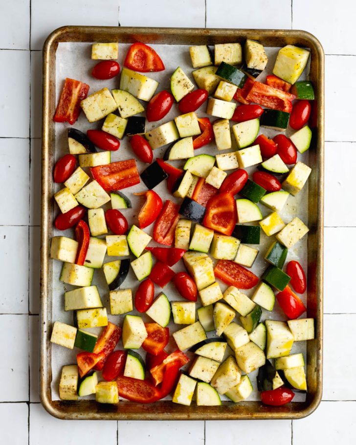 Mixed vegetables on a baking tray