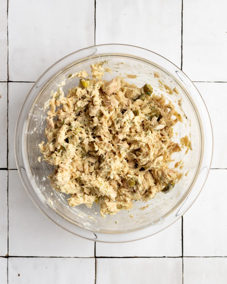 tuna salad in a glass bowl