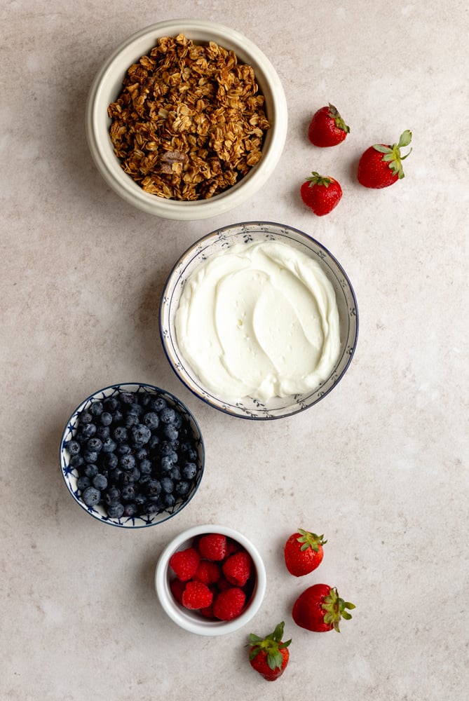 yogurt granola bowls ingredients measured out