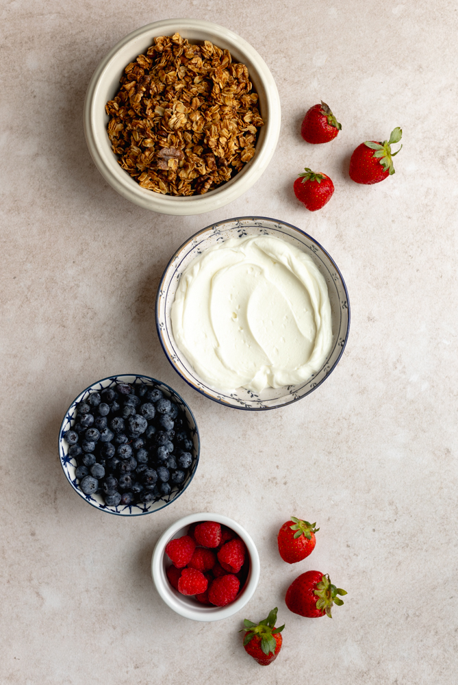 yogurt granola bowls ingredients measured out