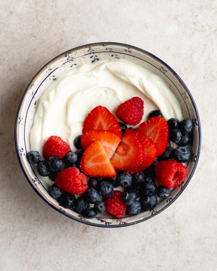 bowl of Greek yogurt with fruit
