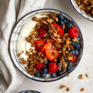 bowl of Greek yogurt with fruit and granola