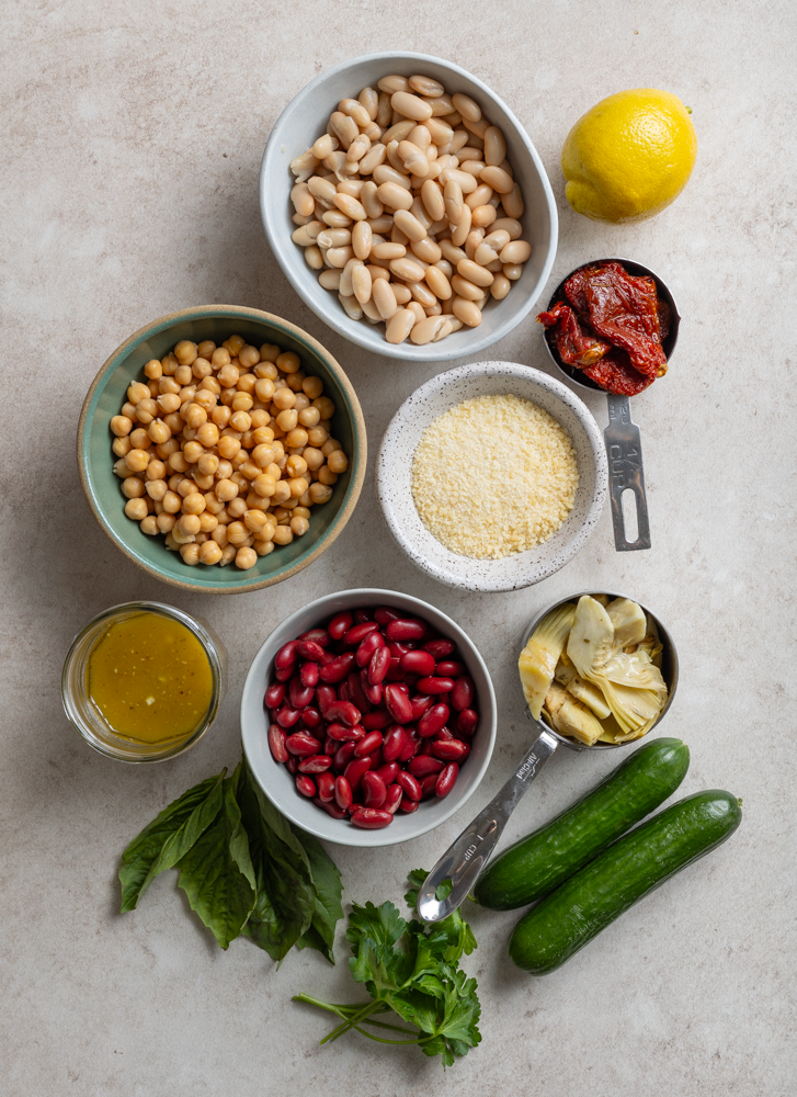 high protein three bean salad ingredients measured out