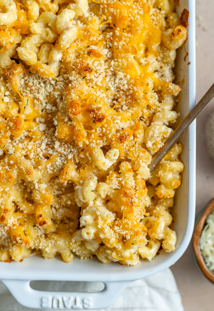 baked mac and cheese in a white casserole dish