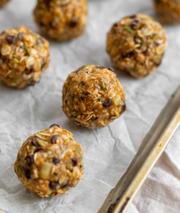 no bake protein balls on a tray